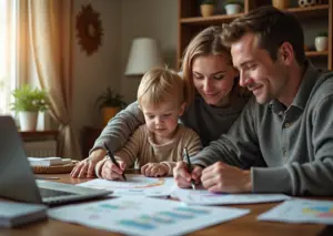 Молодая русская семья планирует семейный бюджет 2026 года за столом с ноутбуком и документами
