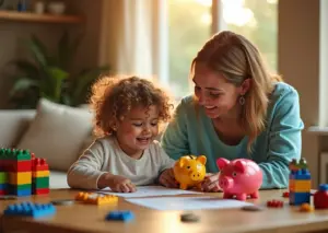 Ребенок и родитель планируют бюджет и копят деньги на набор Lego дома