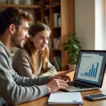 Родитель и подросток за столом с ноутбуком, копилкой, банковской картой и графиком накоплений, обсуждают семейный бюджет