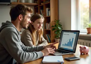 Родитель и подросток за столом с ноутбуком, копилкой, банковской картой и графиком накоплений, обсуждают семейный бюджет