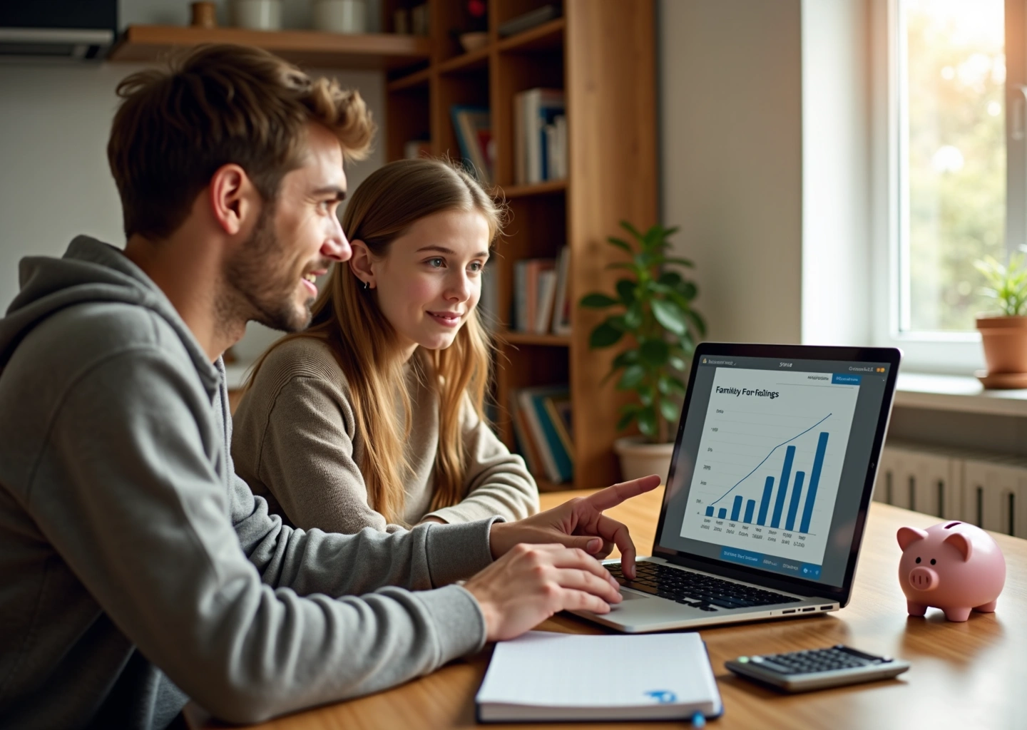 Родитель и подросток за столом с ноутбуком, копилкой, банковской картой и графиком накоплений, обсуждают семейный бюджет