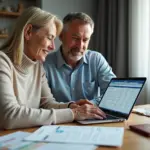 Пара за столом рассматривает документы и сравнивает предложения по рефинансированию на ноутбуке, рядом калькулятор и российские рубли
