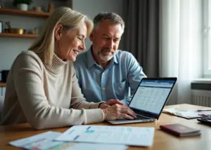 Пара за столом рассматривает документы и сравнивает предложения по рефинансированию на ноутбуке, рядом калькулятор и российские рубли