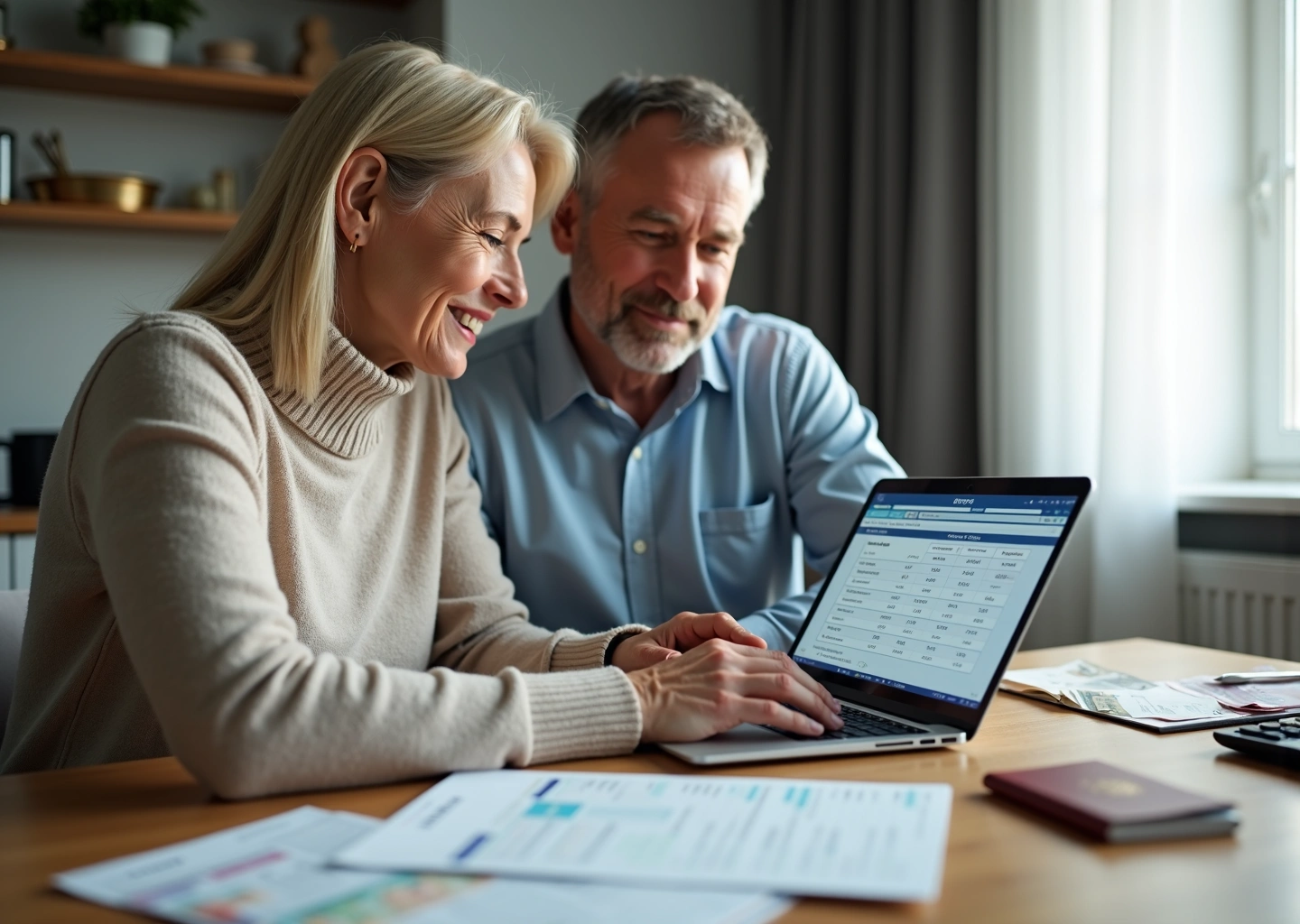 Пара за столом рассматривает документы и сравнивает предложения по рефинансированию на ноутбуке, рядом калькулятор и российские рубли