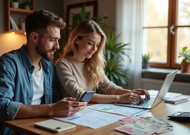 Семья за кухонным столом обсуждает бюджет: ноутбук, калькулятор, договоры и конверты с пометками кредитов на столе