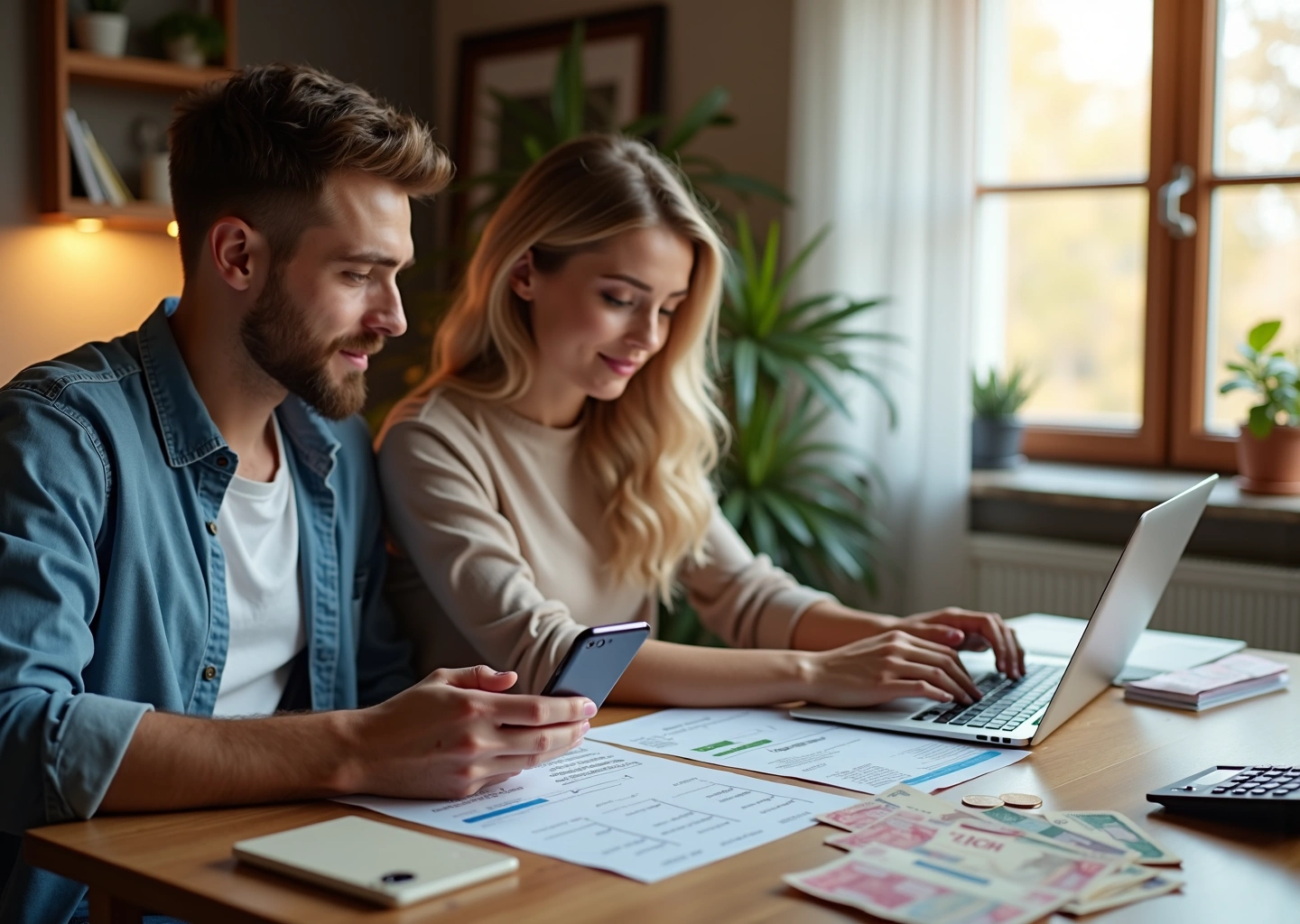 Семья за кухонным столом обсуждает бюджет: ноутбук, калькулятор, договоры и конверты с пометками кредитов на столе