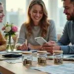 Семья за столом формирует финансовую подушку: рубли, банки с метками, смартфон с банковским приложением и таблица бюджета