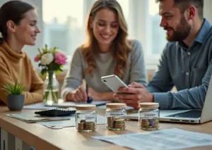 Семья за столом формирует финансовую подушку: рубли, банки с метками, смартфон с банковским приложением и таблица бюджета