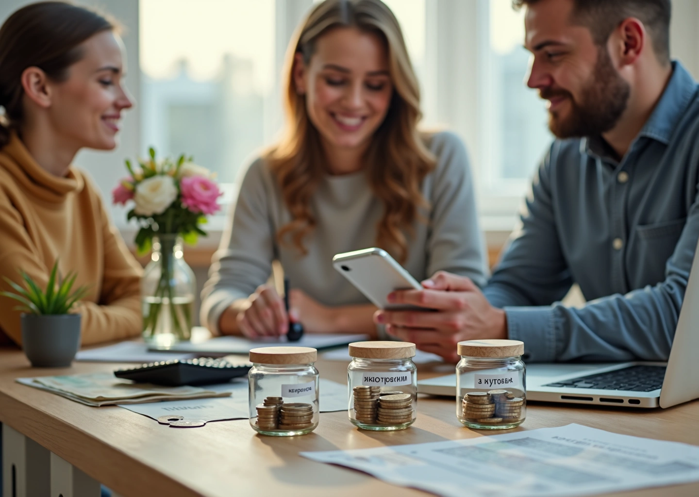 Семья за столом формирует финансовую подушку: рубли, банки с метками, смартфон с банковским приложением и таблица бюджета