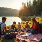 Счастливая семья у озера с рюкзаками, картой и телефоном с приложением бюджета на фоне поезда или деревянного домика — символ бюджетного семейного отпуска в России