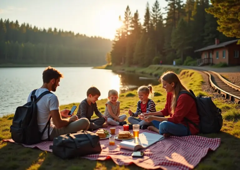 Счастливая семья у озера с рюкзаками, картой и телефоном с приложением бюджета на фоне поезда или деревянного домика — символ бюджетного семейного отпуска в России