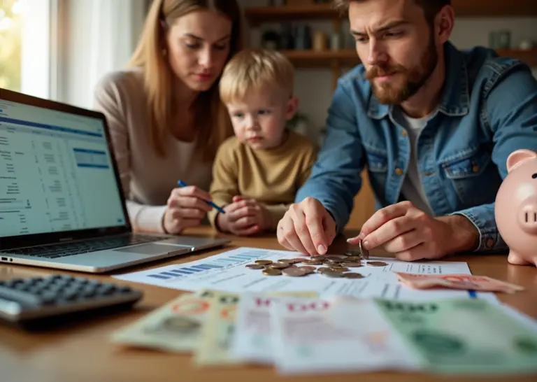 Семья за столом планирует семейный бюджет: ноутбук, чеки, калькулятор и рубли на столе