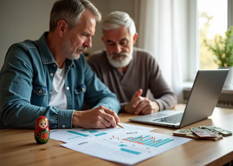 Пара планирует пенсионные накопления за ноутбуком: графики, документы с надписями НПФ и ИИС и российские рубли на столе