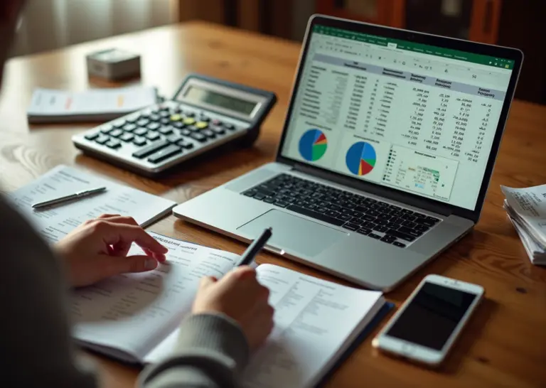 Семья за столом с ноутбуком и смартфоном показывающими таблицы расходов, рядом чек и калькулятор