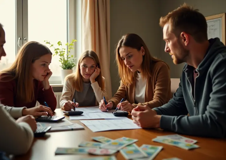 Русская семья обсуждает семейный бюджет и стратегии хранения сбережений в разных валютах