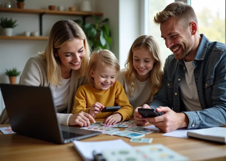 Счастливая российская семья планирует семейный бюджет за столом с ноутбуком и калькуляторами