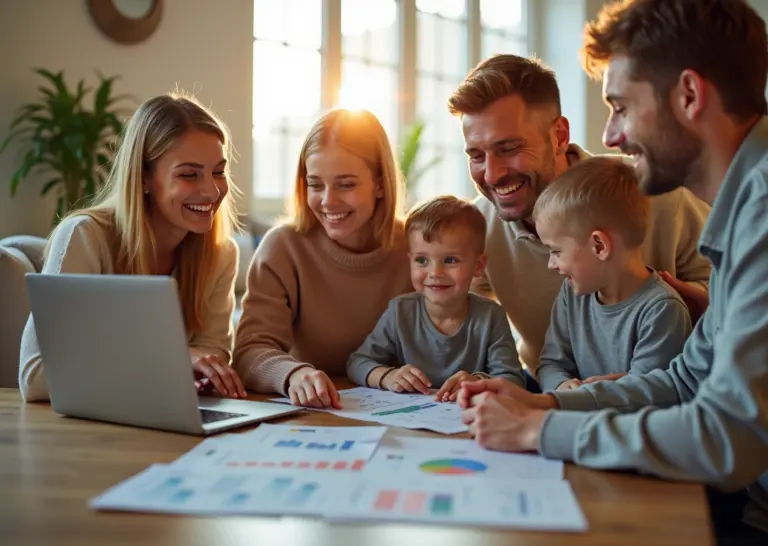 Счастливая российская семья дома за столом с ноутбуком и финансовыми документами, планирующая семейный бюджет