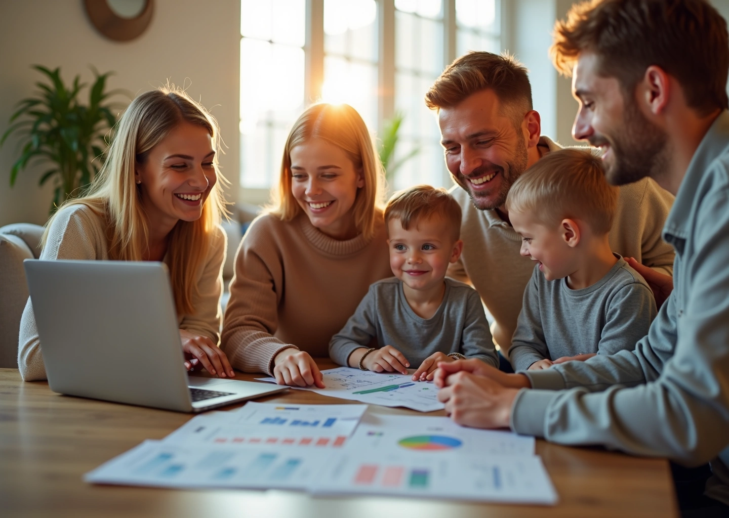 Счастливая российская семья дома за столом с ноутбуком и финансовыми документами, планирующая семейный бюджет