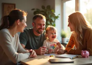 Счастливая российская семья за столом обсуждает семейный бюджет с ребенком который держит цветные монеты и купюры, на столе блокнот и копилка.