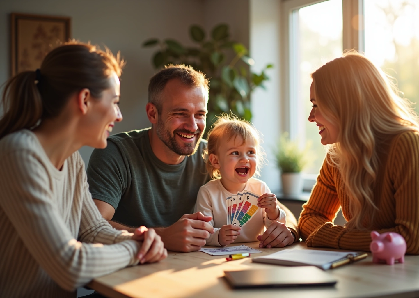 Счастливая российская семья за столом обсуждает семейный бюджет с ребенком который держит цветные монеты и купюры, на столе блокнот и копилка.