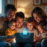 Семья дома использует смартфон и ноутбук защищая финансы от телефонных и онлайн мошенников