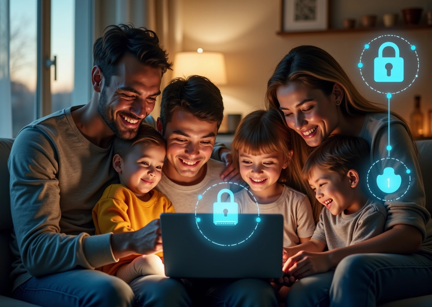 Семья дома использует смартфон и ноутбук защищая финансы от телефонных и онлайн мошенников