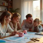 Счастливая русская семья за столом с ноутбуком и финансовыми документами, планирует семейный бюджет