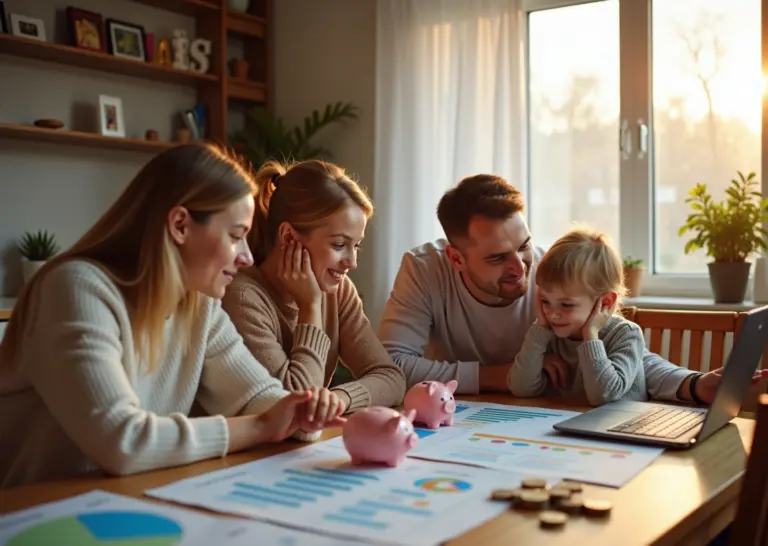 Счастливая русская семья за столом с ноутбуком и финансовыми документами, планирует семейный бюджет